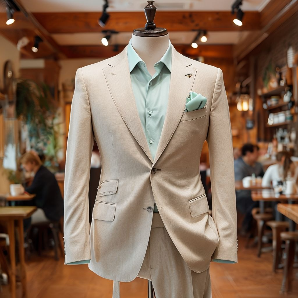 home elegant beige suit displayed in cozy coffee shop