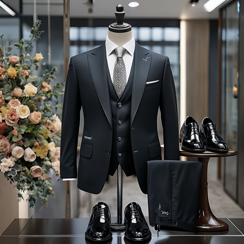 home formal black suit displayed elegantly on a mannequin