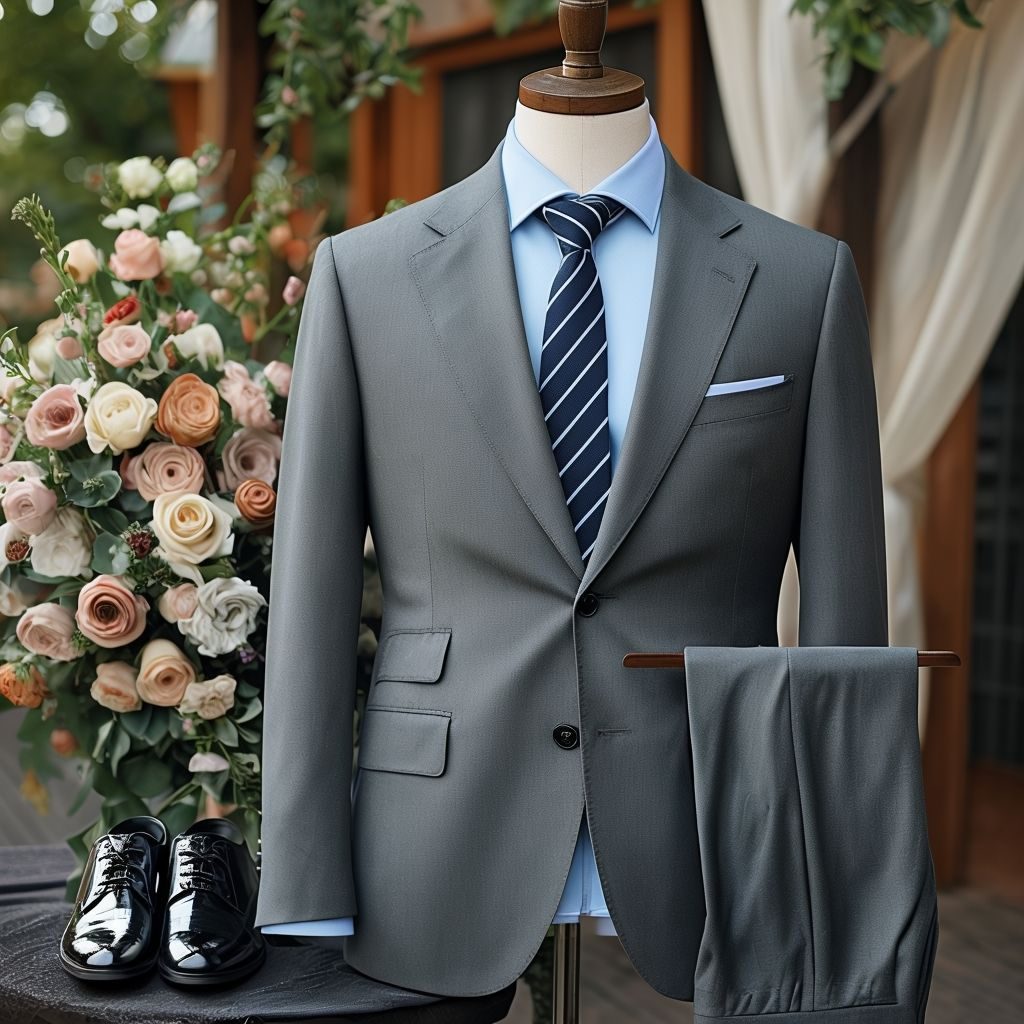 home formal gray suit with accessories in elegant wedding setting