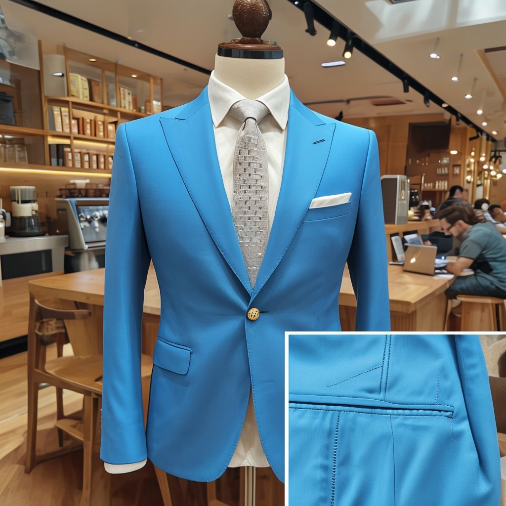 home elegant beige suit displayed in cozy coffee shop